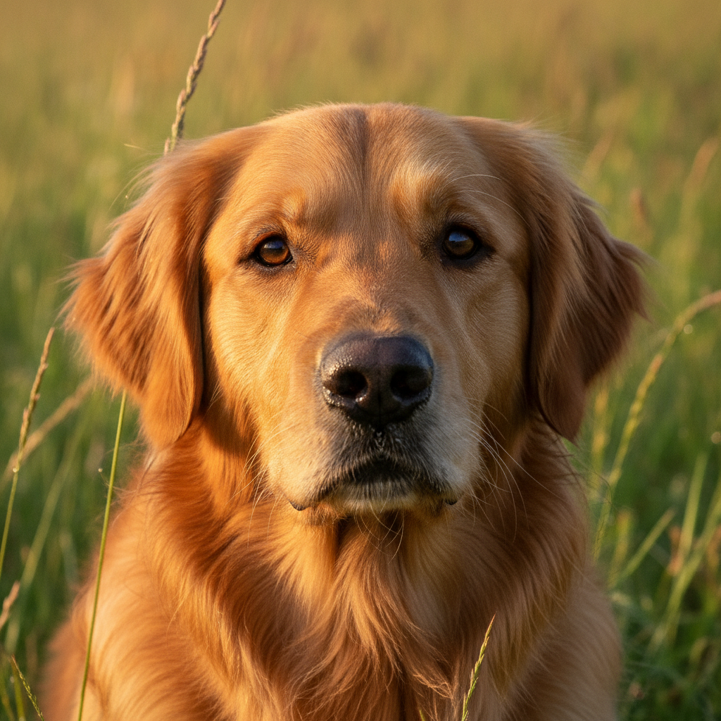 AI realistic image generator result — a hyper-realistic golden retriever in a sunlit meadow with detailed fur
