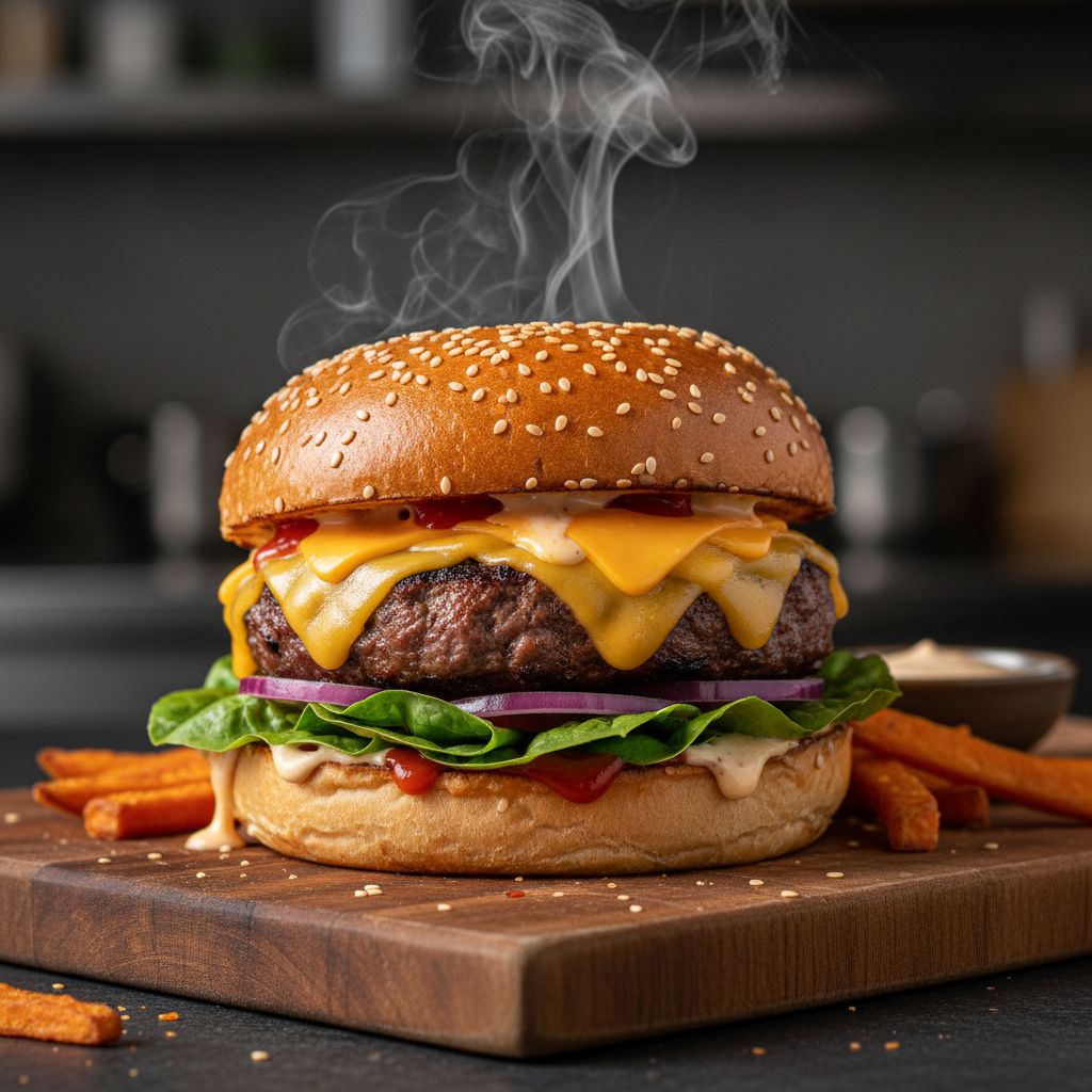 AI realistic image generator result — a photorealistic gourmet burger on a wooden board with appetizing detail