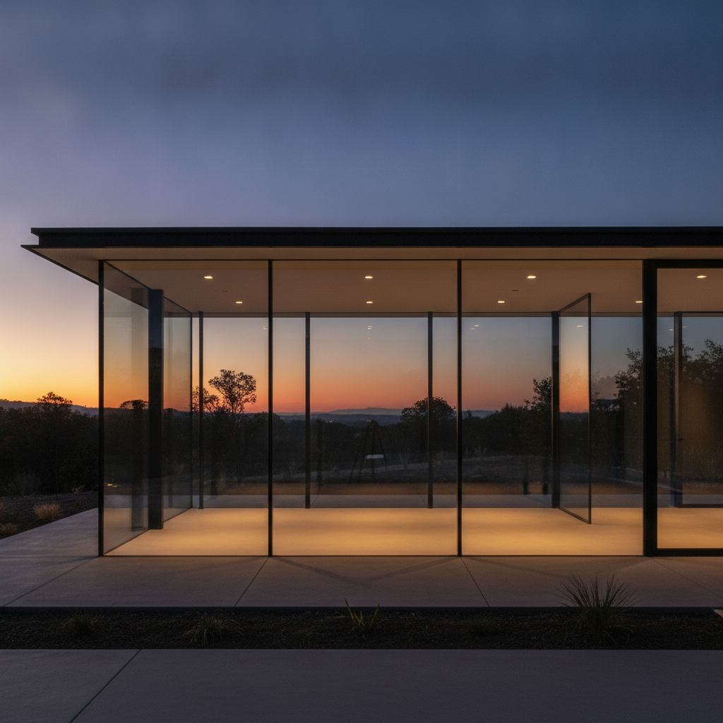 AI realistic image generator result — a photorealistic modern glass house at dusk with warm interior lighting