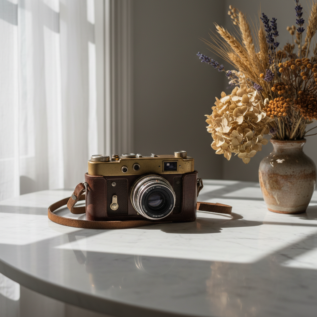 AI realistic image generator result — a photorealistic vintage leather camera still life with soft natural light