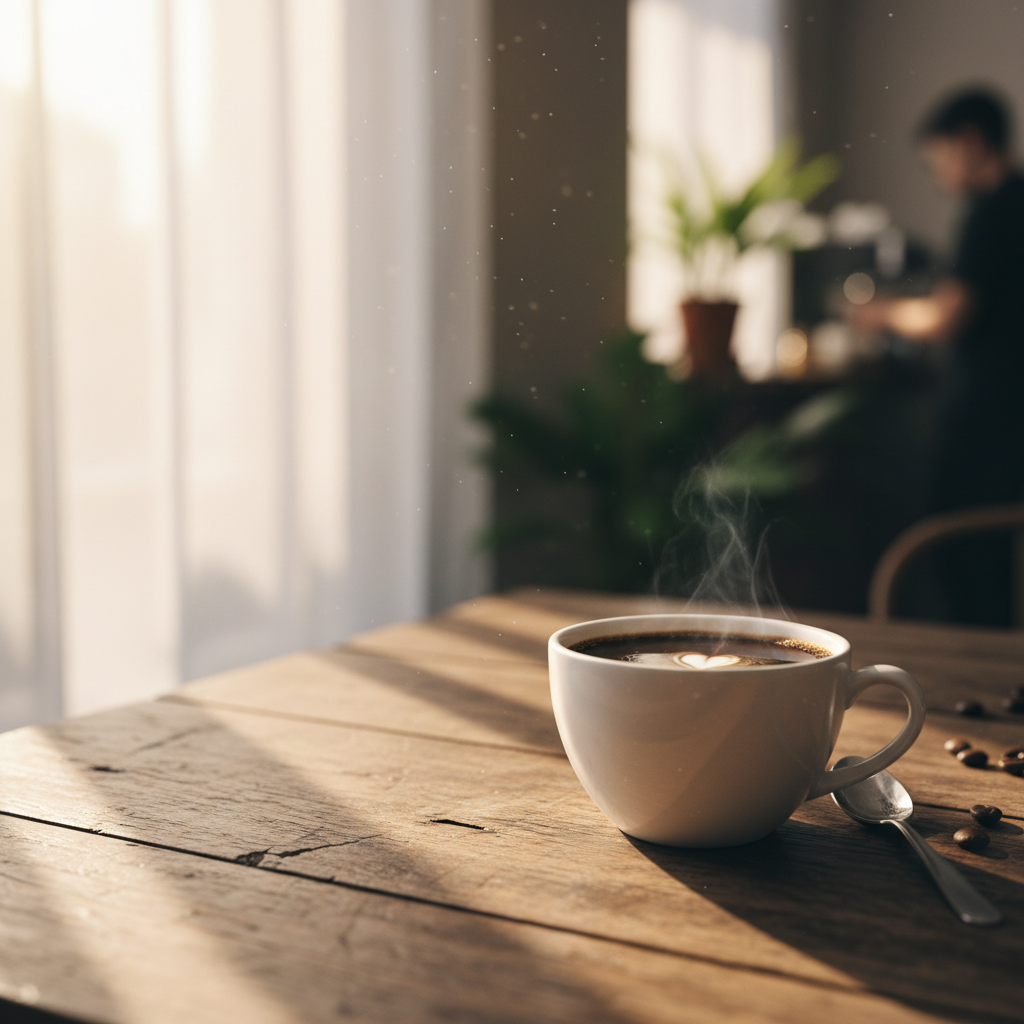 Photorealistic AI image of a morning coffee cup on a wooden cafe table with soft window light
