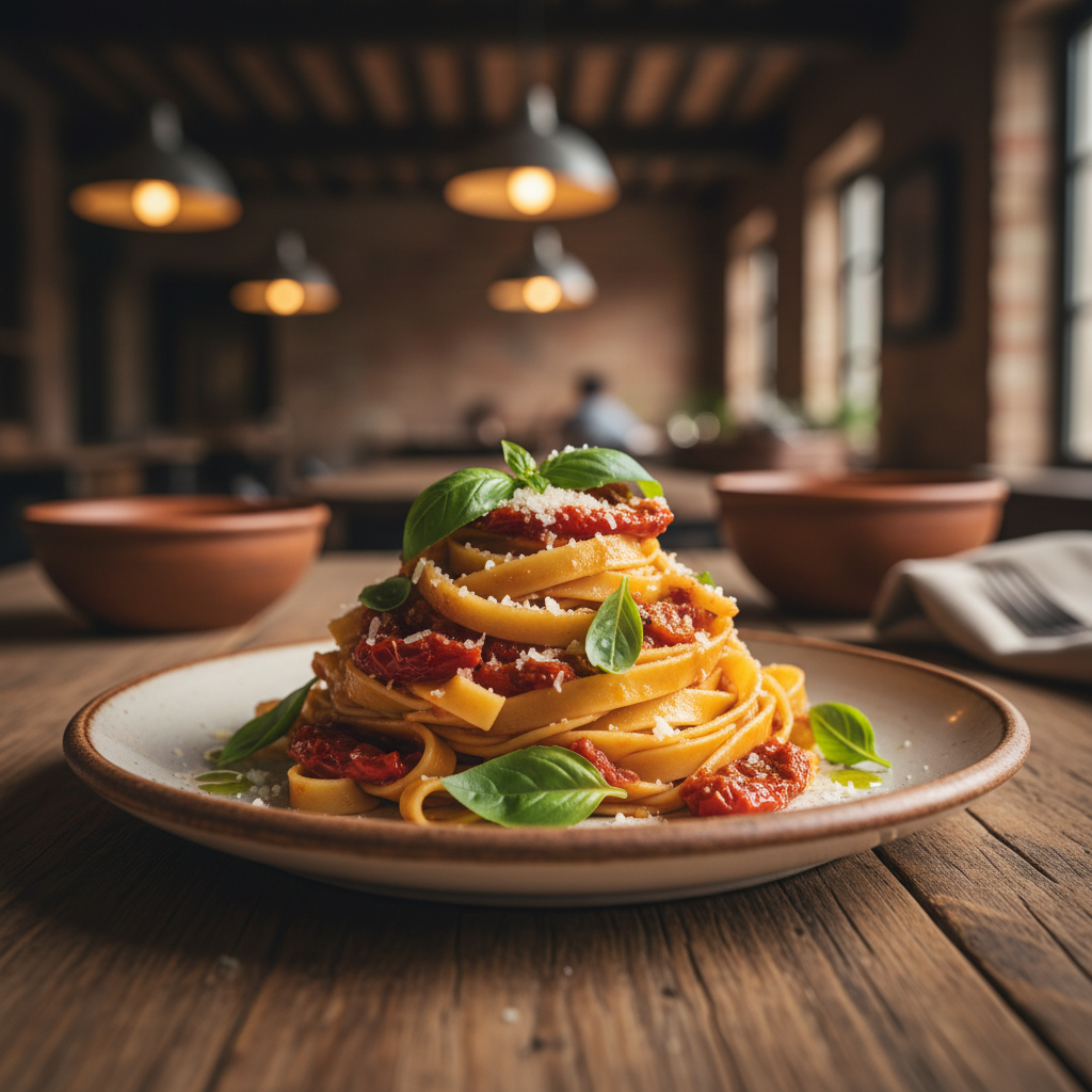 Photorealistic AI food photo of gourmet pasta with fresh basil under natural restaurant lighting