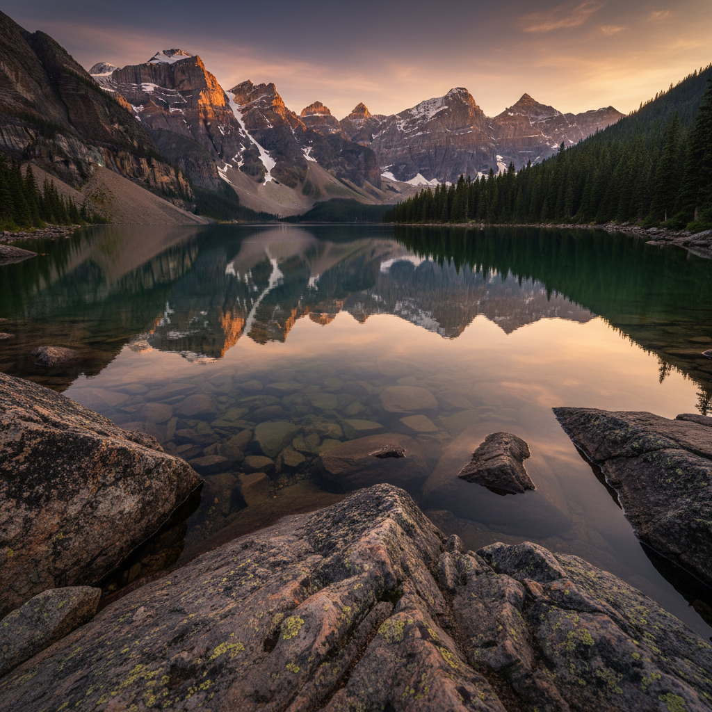 AI realistic photo generator result — a photorealistic mountain lake at golden hour with mirror reflections