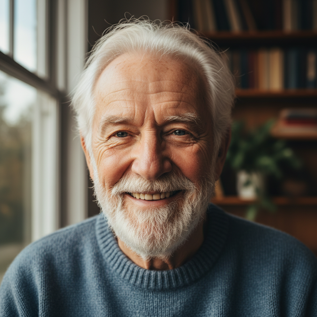 Lifelike AI portrait of a smiling older man with detailed skin texture under natural window light