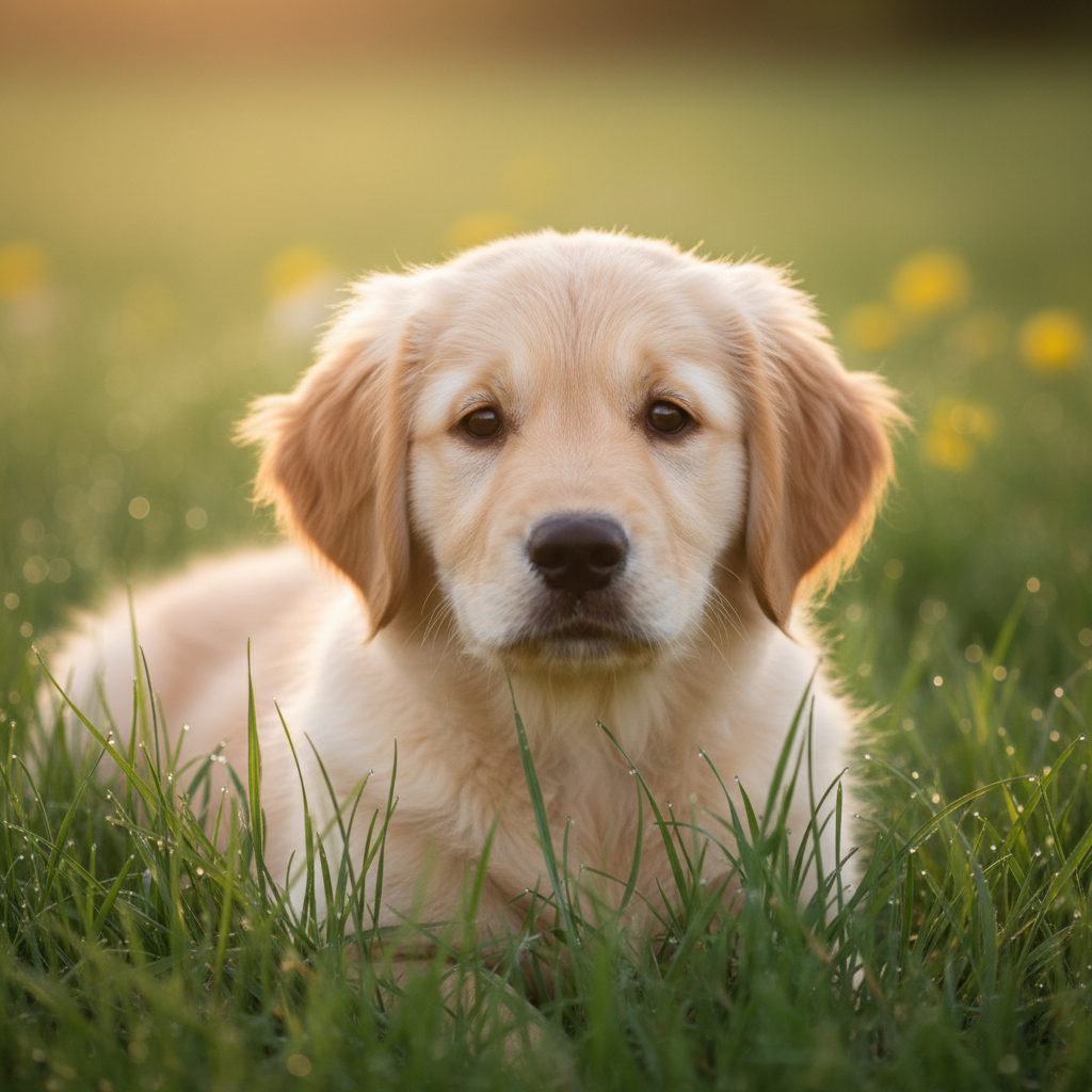 Photorealistic AI close-up of a golden retriever puppy in green grass with soft natural sunlight