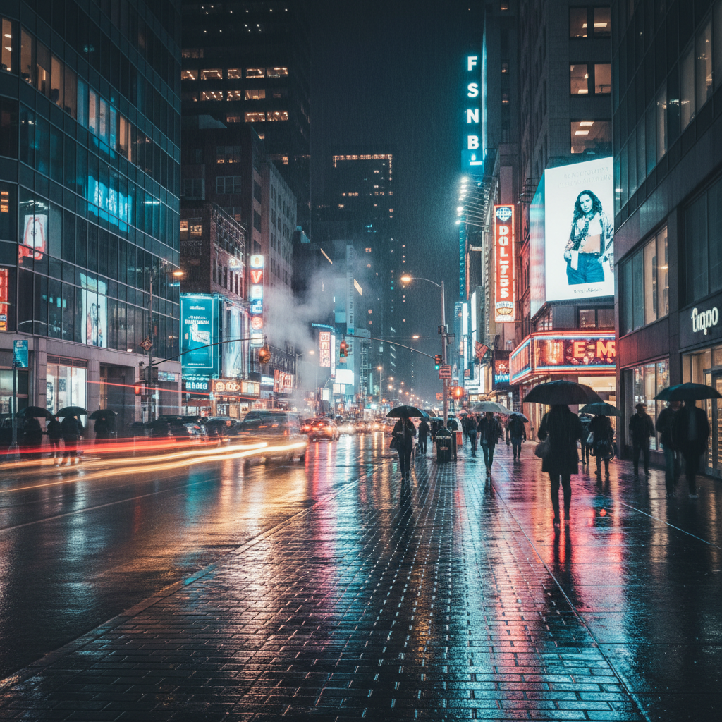 Realistic AI image of a rainy city street at night with neon reflections on wet pavement
