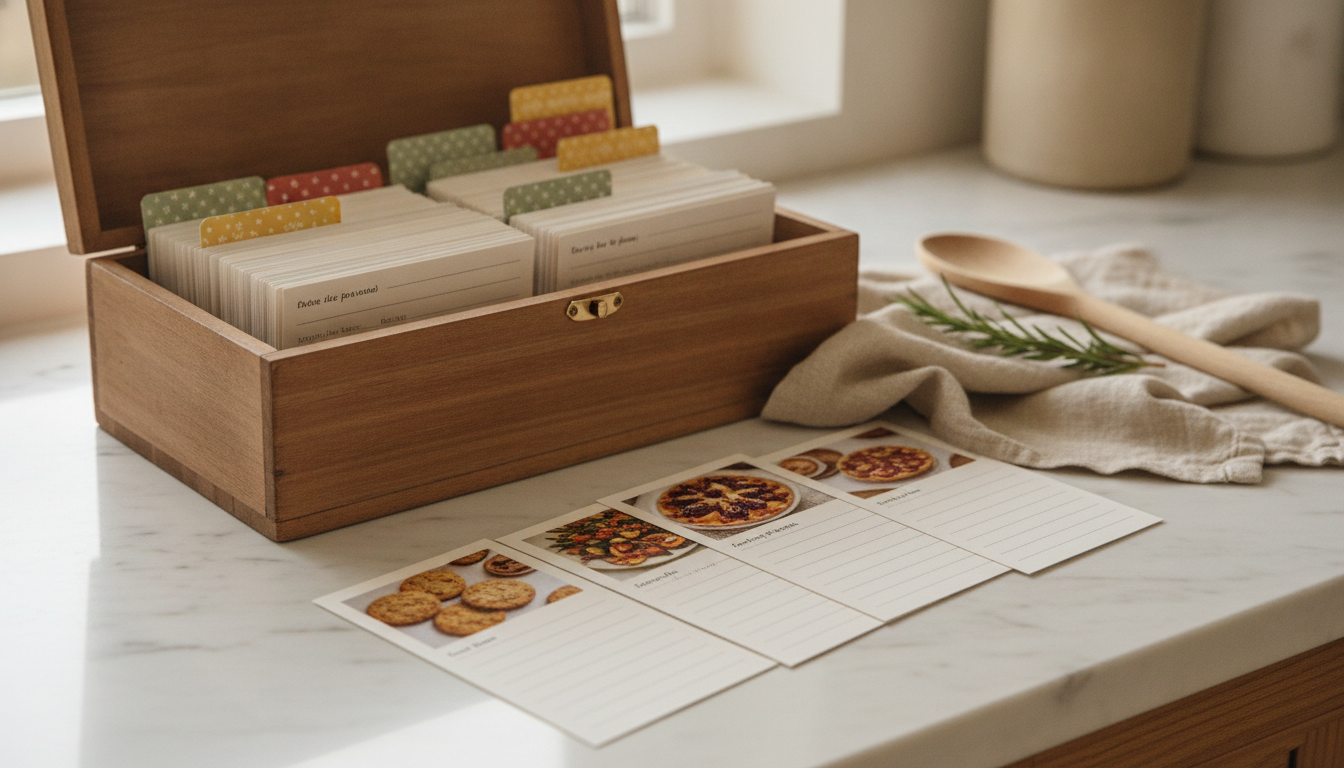 Printed recipe cards from an AI recipe card generator — an open wooden recipe box on a marble counter packed with cream cards behind green, red and yellow tab dividers, three finished cards fanned out in front showing a food photo above blank ruled lines, beside a linen towel, a wooden spoon and a sprig of rosemary