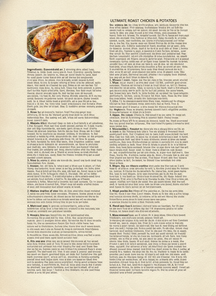 What happens when you ask an AI recipe card generator for a full ingredient list — a cream card whose heading ULTIMATE ROAST CHICKEN AND POTATOES is perfectly legible while every line of the two dense columns beneath it has degraded into unreadable garbled lettering