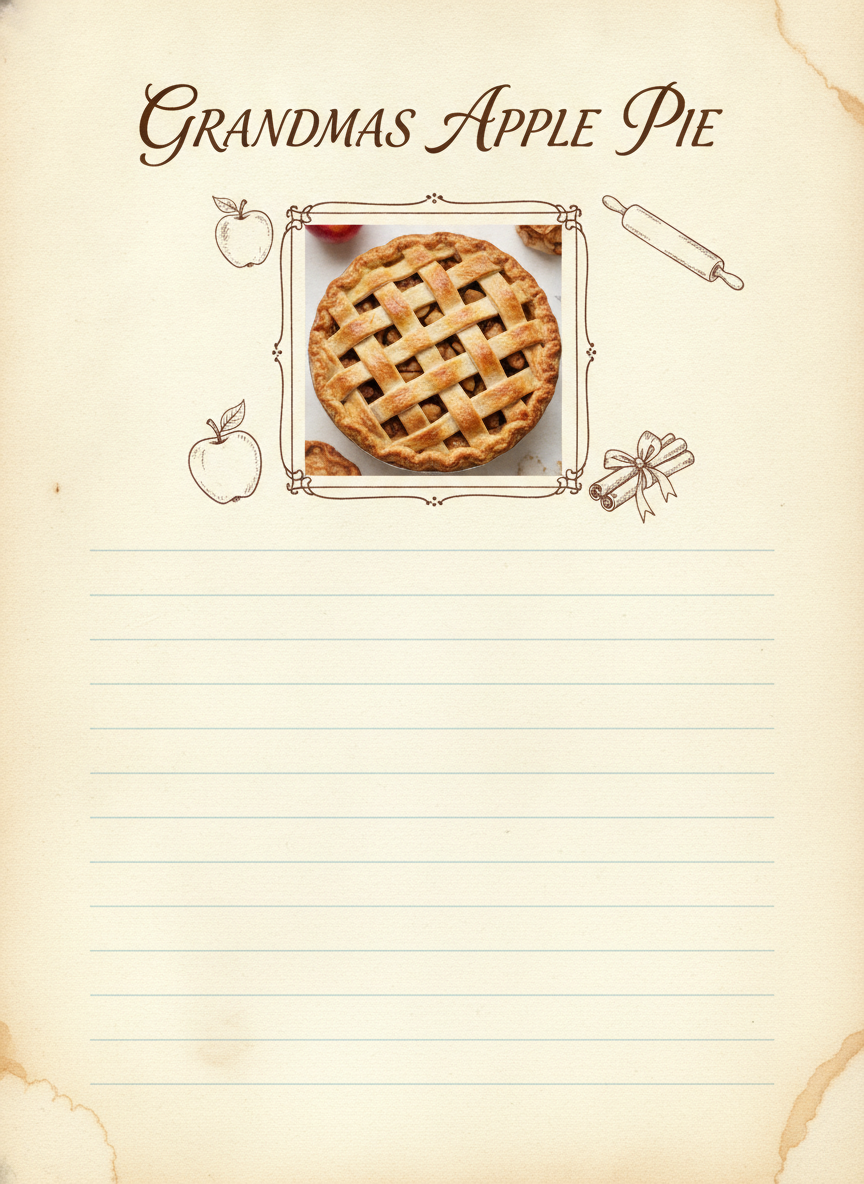 Family cookbook page example made with an AI recipe card generator — aged ivory paper with a framed photo of a lattice apple pie, an ornate brown script title reading GRANDMAS APPLE PIE, ink sketches of apples, a rolling pin and cinnamon in the margins, and faint blue ruled writing space filling the bottom half