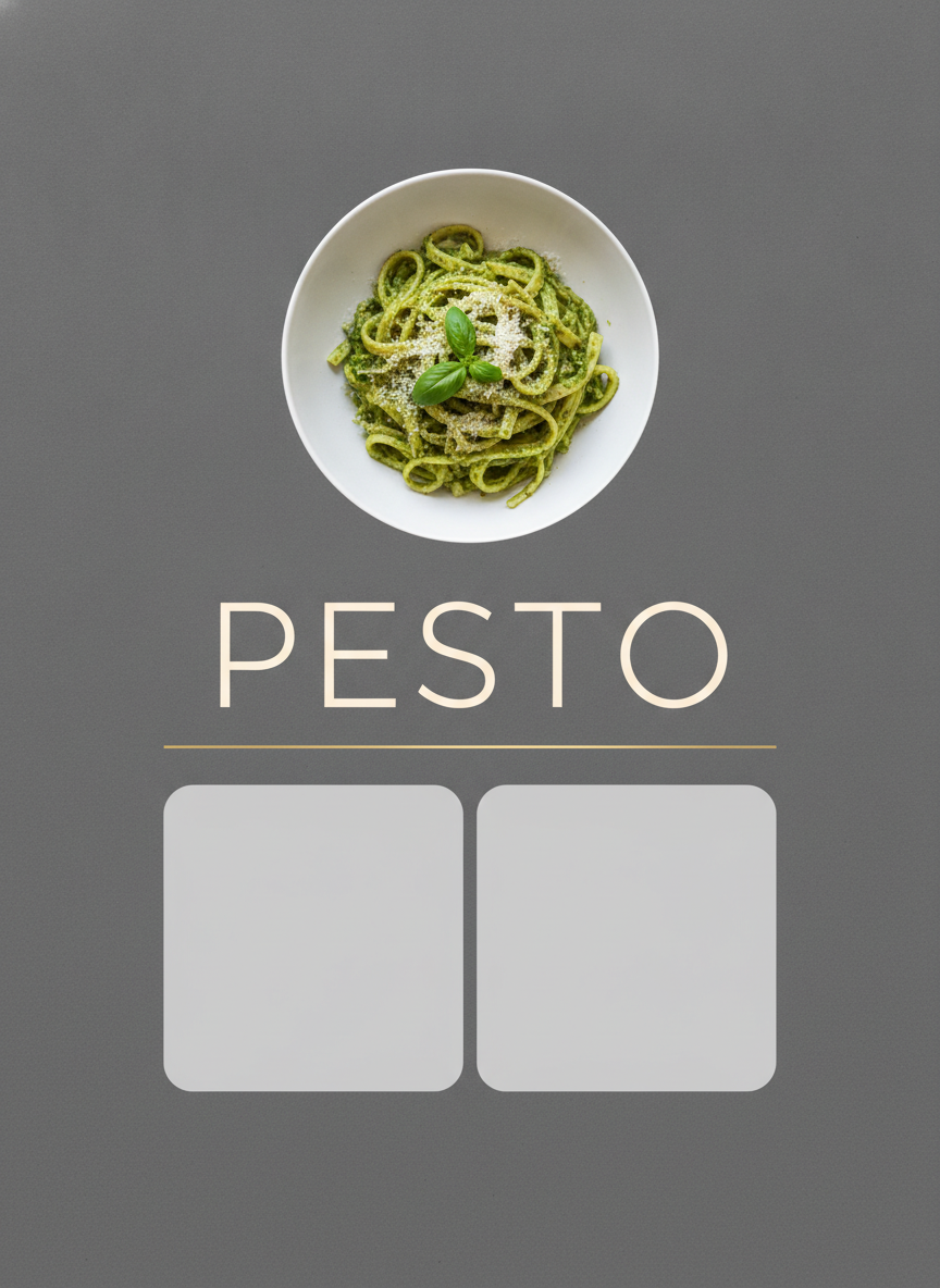 Modern minimal recipe card example — a warm grey card with an overhead shot of a white bowl of pesto pasta, the word PESTO in large thin cream capitals, a gold hairline rule, and two blank rounded grey panels beneath