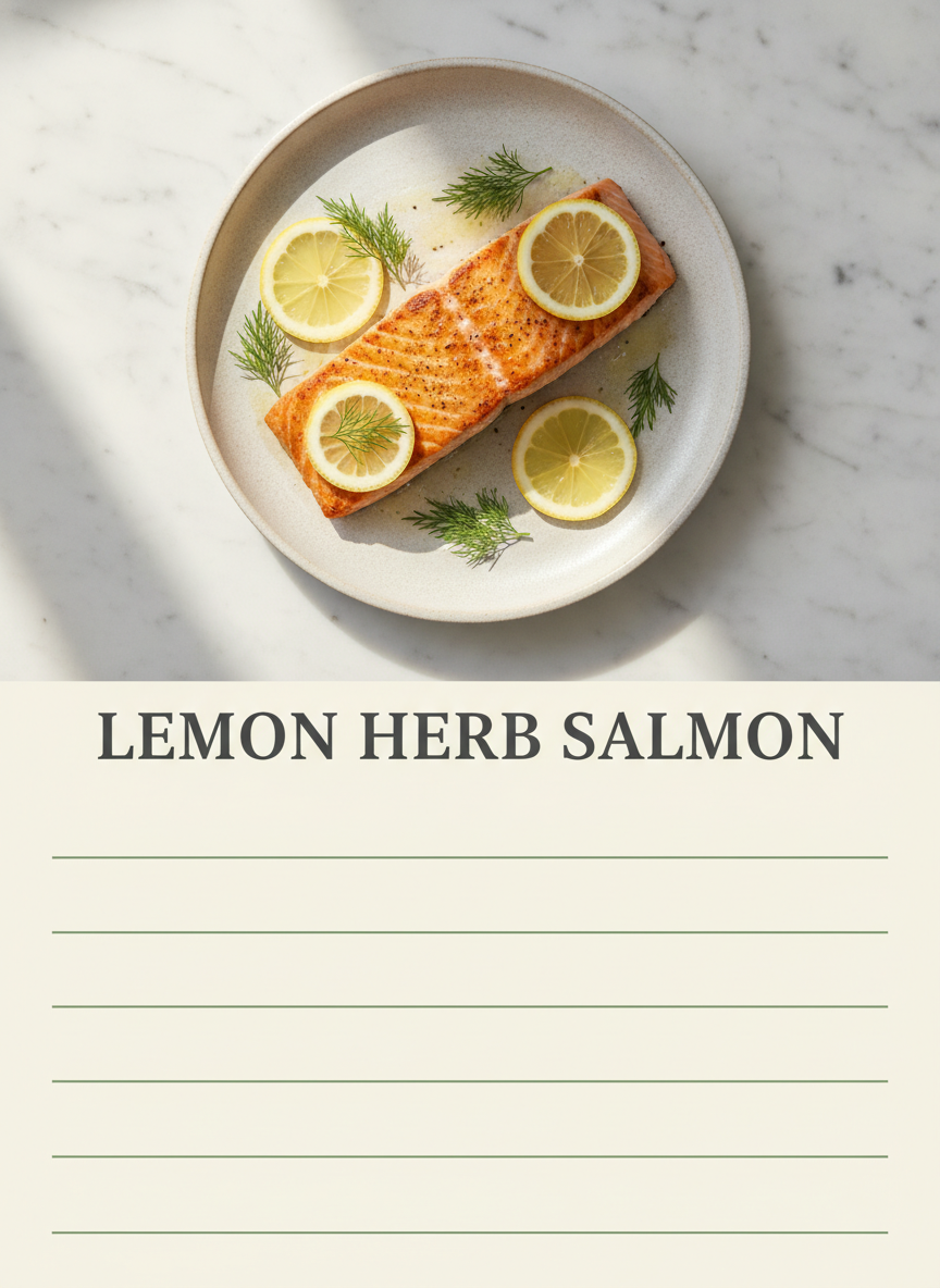 AI recipe card generator example — a vertical Pinterest style recipe card with an overhead photo of seared salmon with lemon slices and dill on a marble surface, a cream band beneath it reading LEMON HERB SALMON in a bold serif, and six blank sage green ruled lines below that