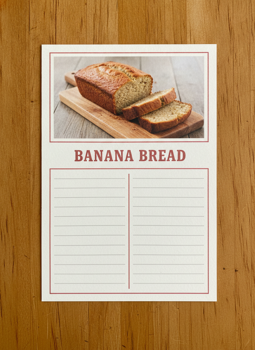 Printable recipe card example — a cream recipe box card on an oak table with a brick red border, a photo of a sliced banana bread loaf across the top, the title BANANA BREAD in a vintage slab serif, and two blank ruled columns split by a red vertical rule for the ingredients and the method