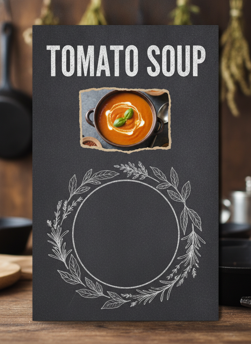 Rustic chalkboard recipe card example — a slate board standing on a kitchen counter with TOMATO SOUP in thick white chalk lettering, a photo of tomato soup with a torn kraft paper edge below it, and a chalk herb wreath framing an empty circle of board