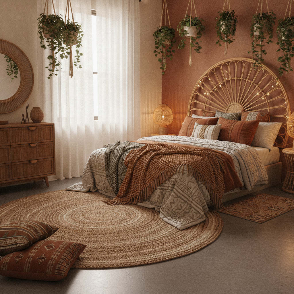 AI room design generator result — a cozy bohemian bedroom with a rattan headboard, layered textiles and hanging plants