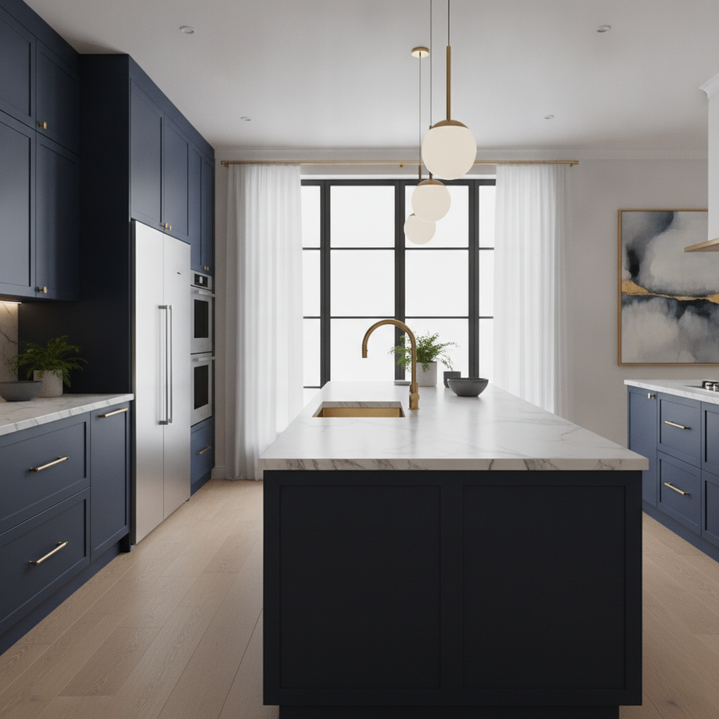 AI room design generator result — a sleek modern kitchen with navy cabinets, marble countertops and pendant lights over an island