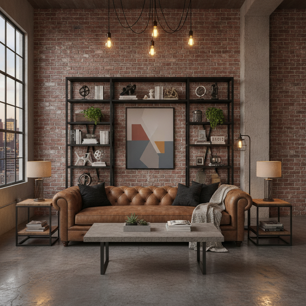 AI room design generator result — an industrial loft living room with exposed brick, a leather sofa and Edison bulb lighting