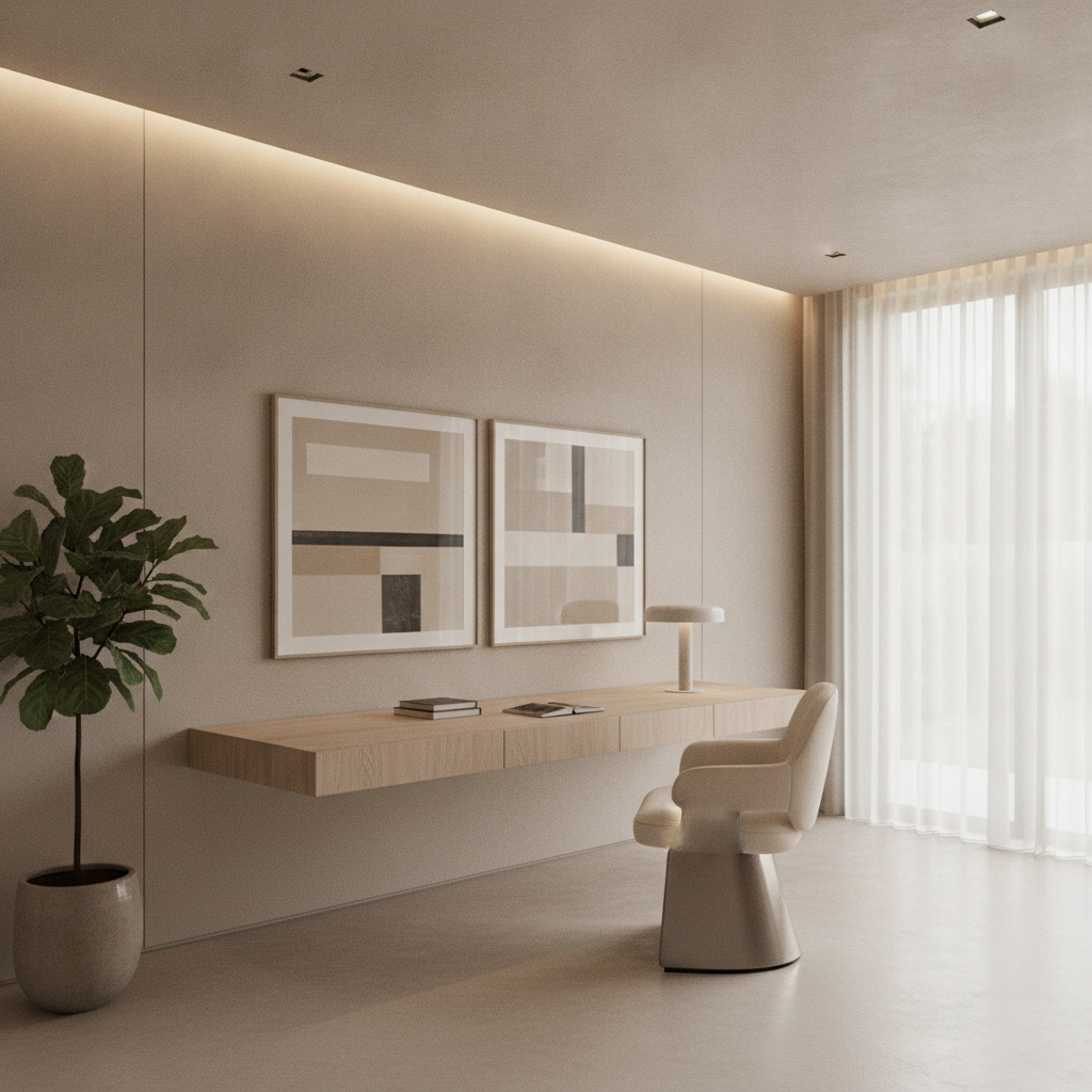 AI room design generator result — a luxury minimalist home office with a floating wood desk, neutral palette and soft lighting