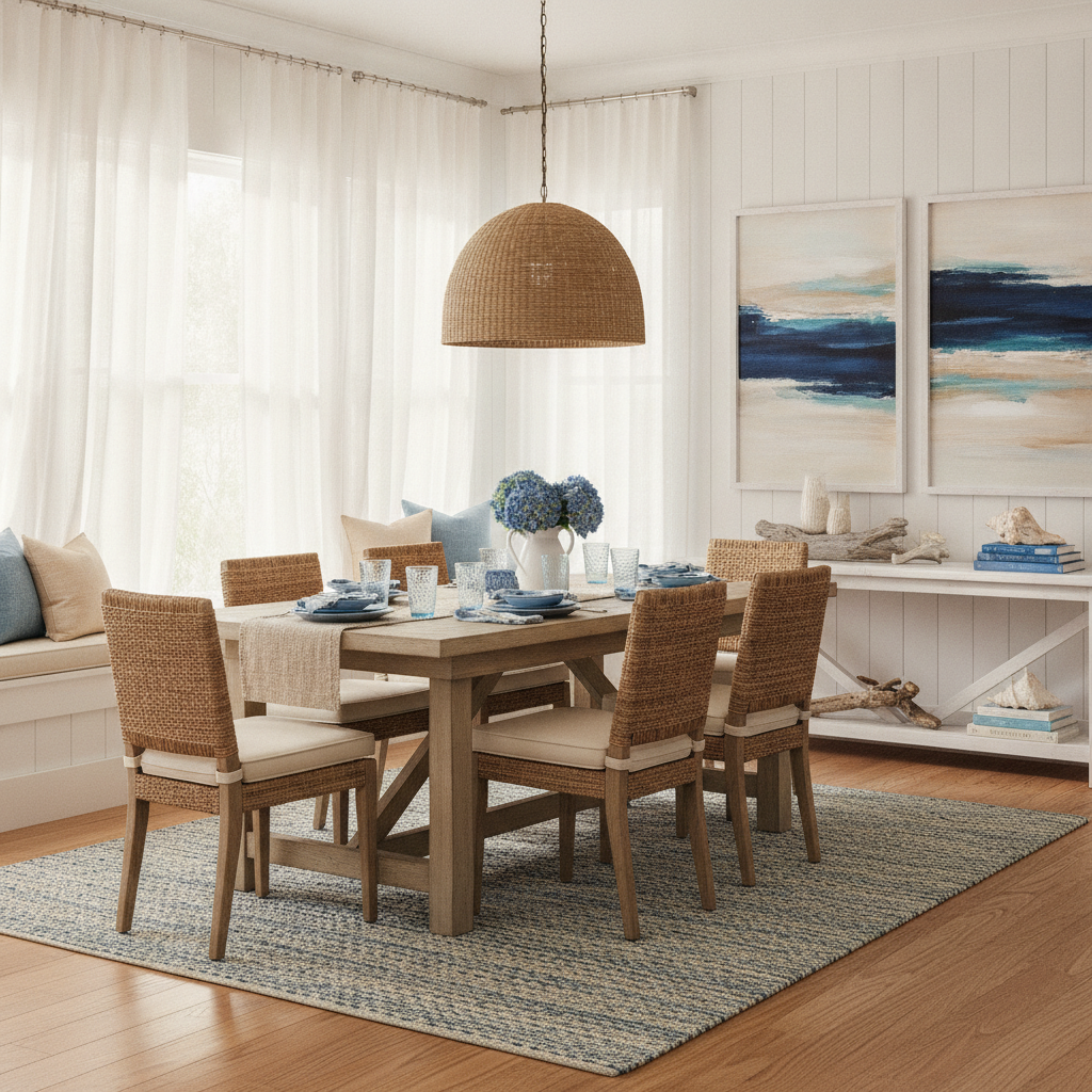 AI room design generator result — a bright coastal dining room with white shiplap walls, a light wood table and blue accents