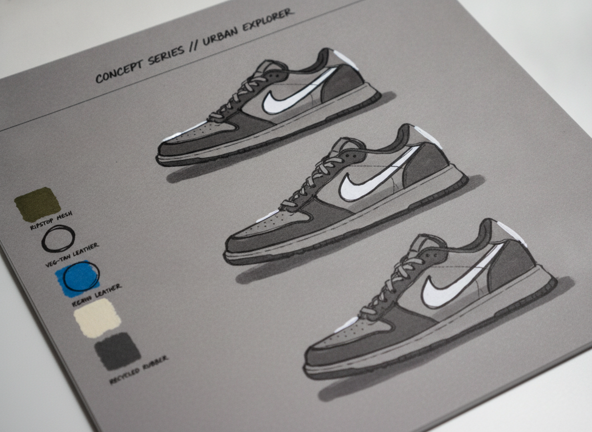 AI footwear design tool example — a designer sketch page with three sneaker silhouettes in marker and ink on tinted grey paper with material callouts and swatch chips
