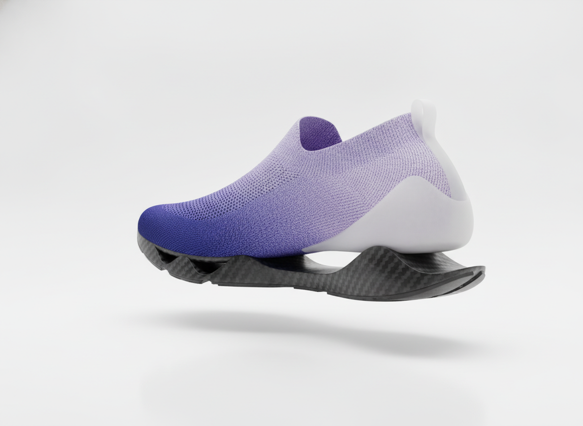 AI custom sneaker generator example — a laceless knitted slip-on with an indigo to lilac gradient upper and a floating carbon look sole against a white void