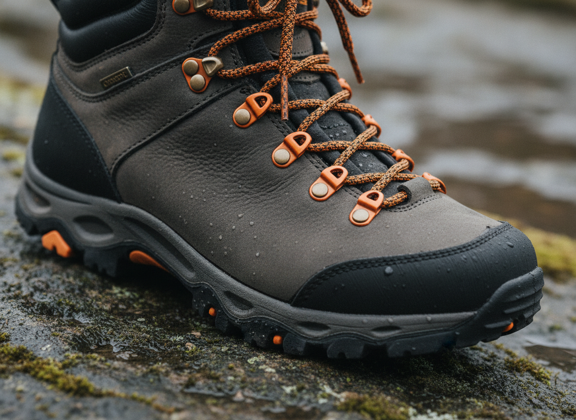 AI shoe concept generator example — a charcoal nubuck hiking boot with orange lace hardware and a lugged outsole photographed low on wet mossy rock