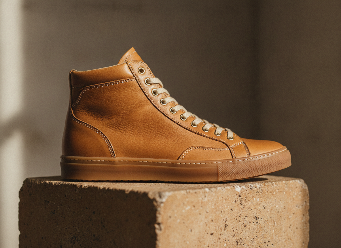 AI sneaker design generator example — a tan full grain leather high top with contrast cream stitching and a gum sole in side profile on a concrete plinth