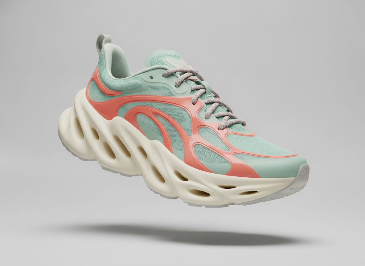 AI shoe design generator example — a running sneaker concept with a chunky cream foam midsole, translucent mint mesh upper and coral overlays on a seamless grey background