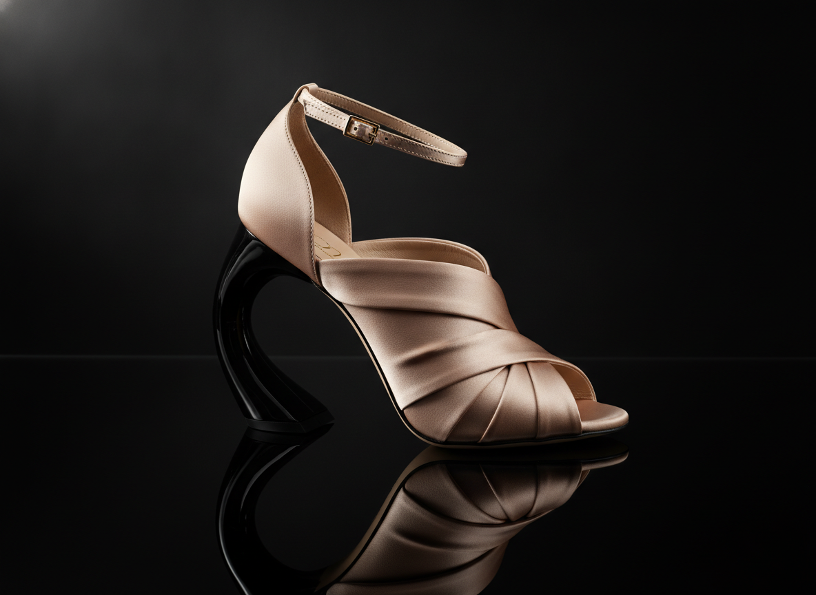 AI heel design generator example — a sculptural high heel with an architectural black lacquer heel, nude satin upper and gold ankle strap on a mirrored surface