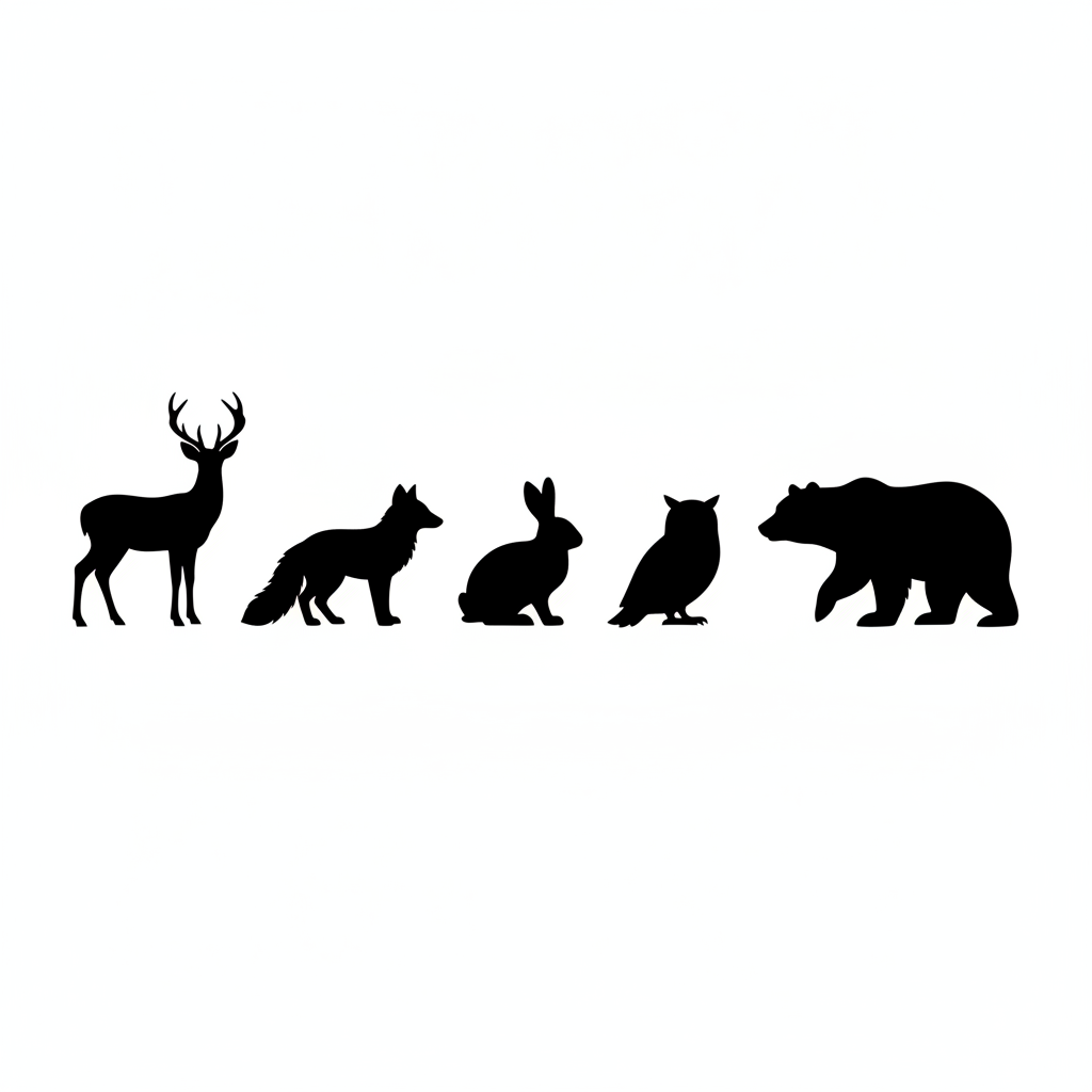 AI silhouette generator example — five solid black animal silhouettes in a row on white: a deer, a fox, a rabbit, an owl and a bear