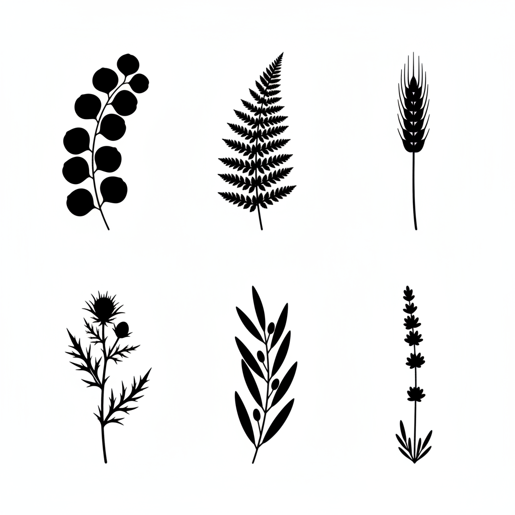 Silhouette clipart generator example — six black botanical stem silhouettes on white including eucalyptus, fern, wheat, thistle, olive branch and lavender