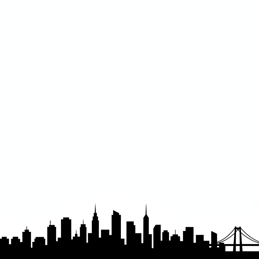 AI silhouette generator example — a black city skyline silhouette strip with towers, spires and a suspension bridge across the bottom of a white square