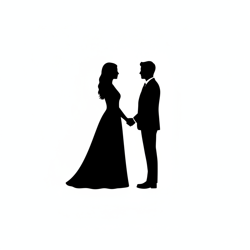 Couple silhouette art ai example — a black silhouette of a bride in a long dress and a groom in a suit holding hands on a white background