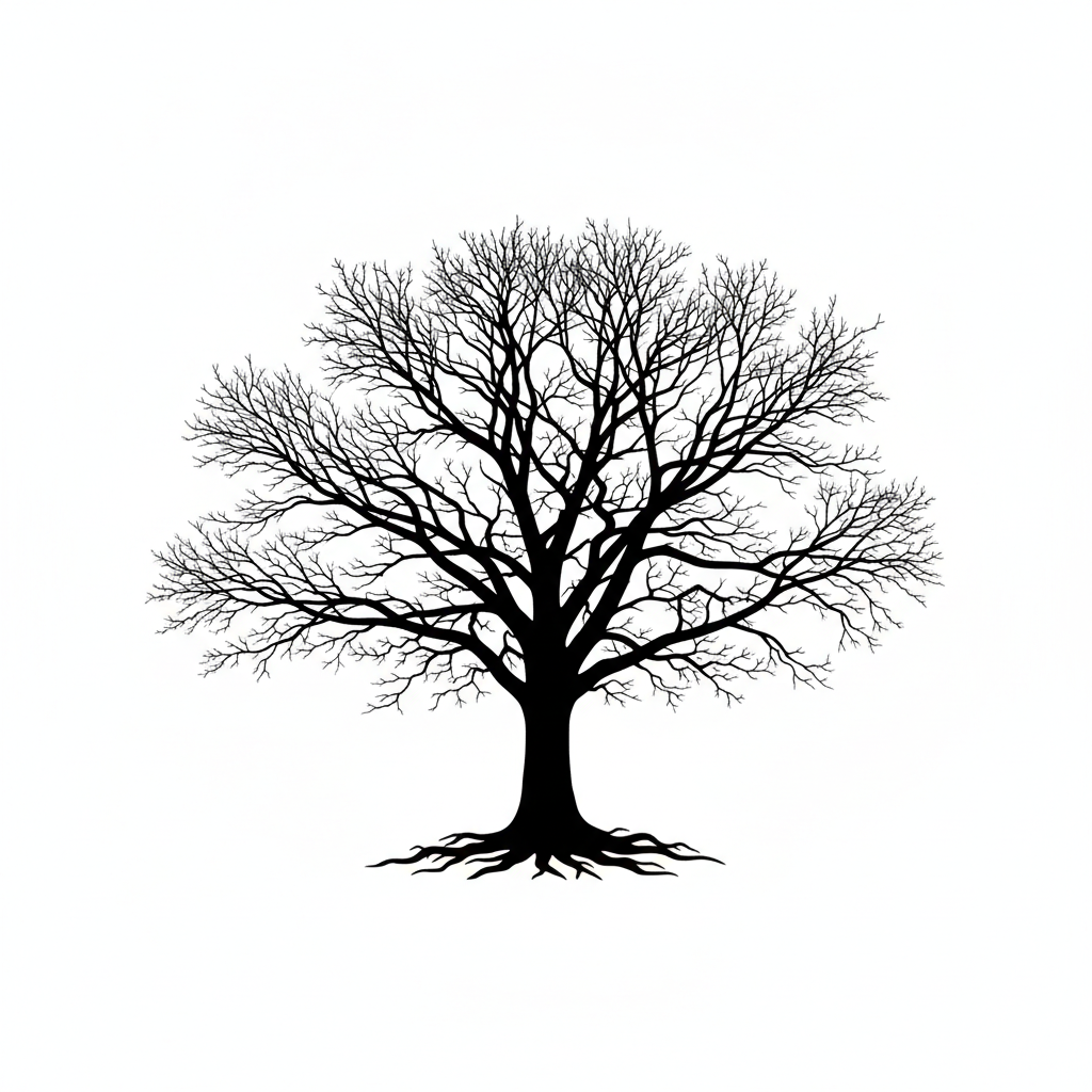 Silhouette art generator example — a bare oak tree silhouette in solid black with fine branches and visible root flare on a white background