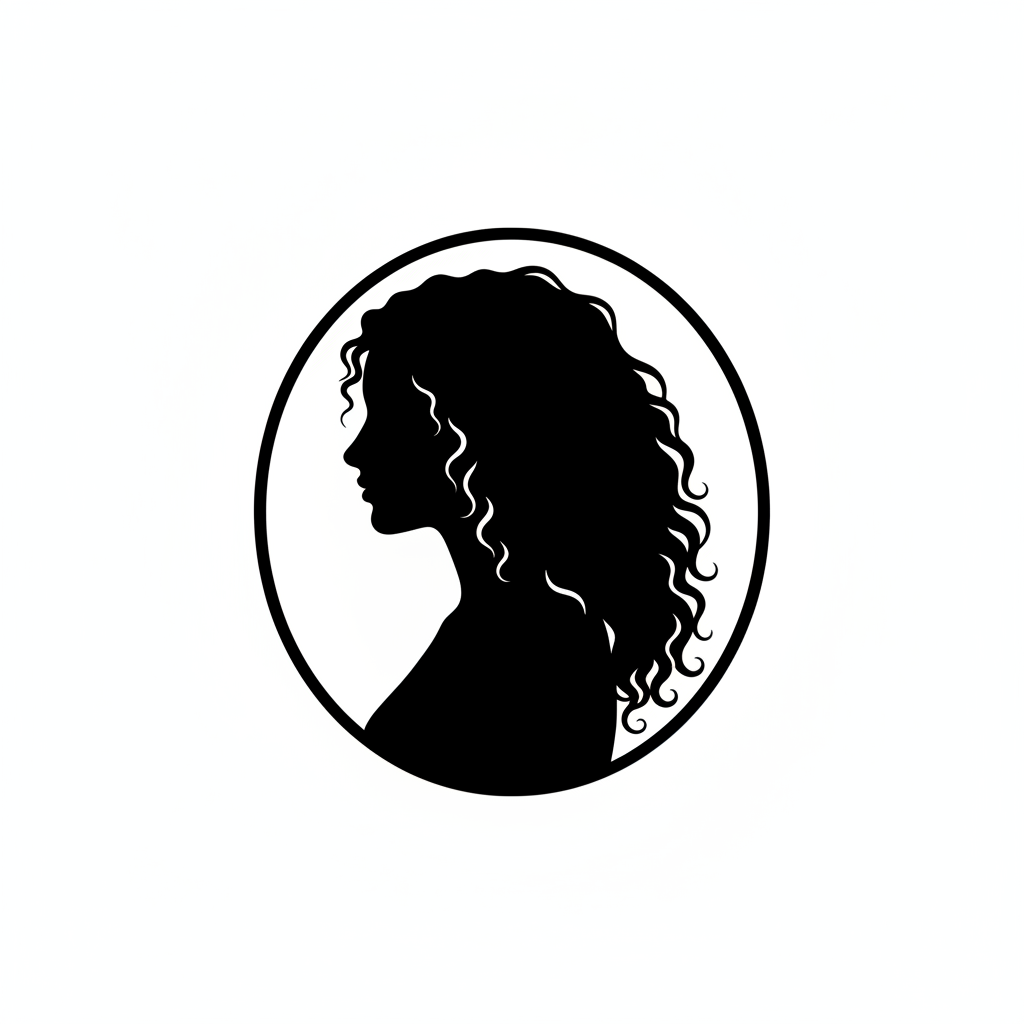 Black silhouette image generator example — a side profile portrait silhouette of a woman with curly hair inside an oval cameo frame