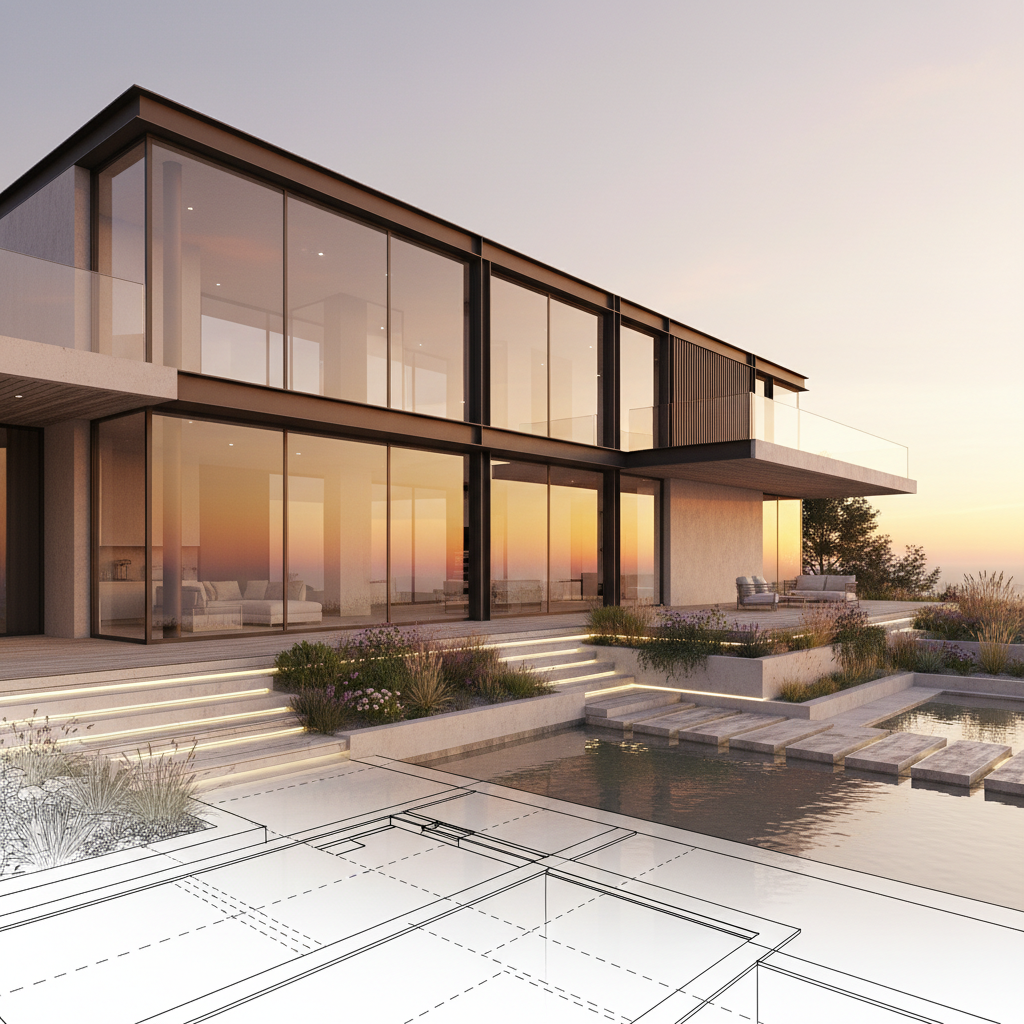 Architectural line sketch converted into a photorealistic modern house visualization by the AI sketch to image converter