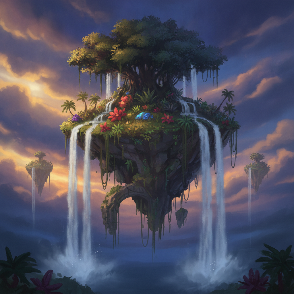 Loose doodle of a floating island converted into a detailed epic fantasy landscape painting