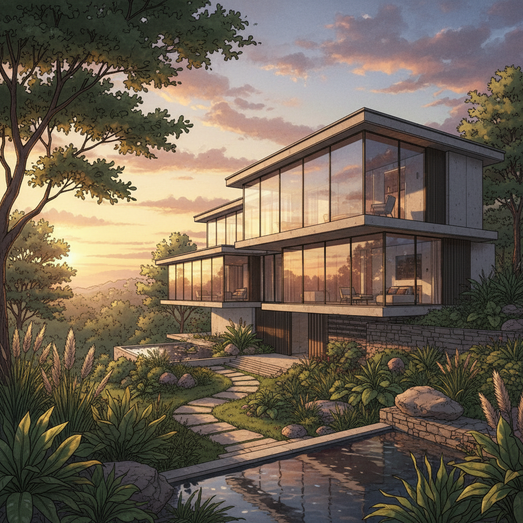 AI sketch to image result — a hand-drawn architectural sketch turned into a photorealistic modern minimalist house rendering with glass walls and sunset lighting