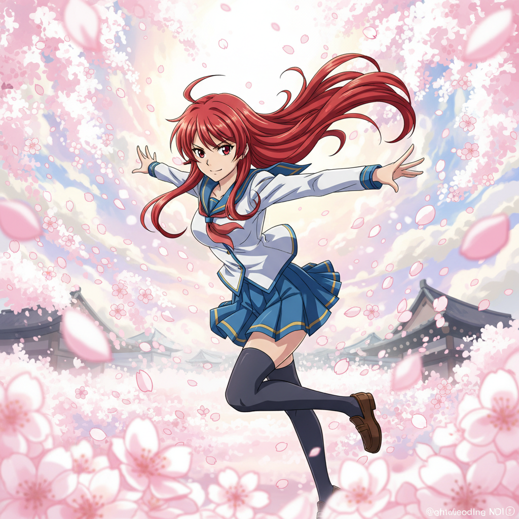 AI sketch to image result — a simple pencil sketch converted into an anime style illustration of a young female character with cherry blossoms and dynamic pose
