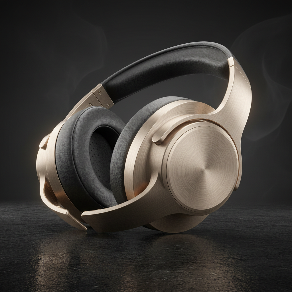 AI sketch to image result — a rough product sketch rendered as a sleek wireless headphone with brushed aluminum and premium studio lighting