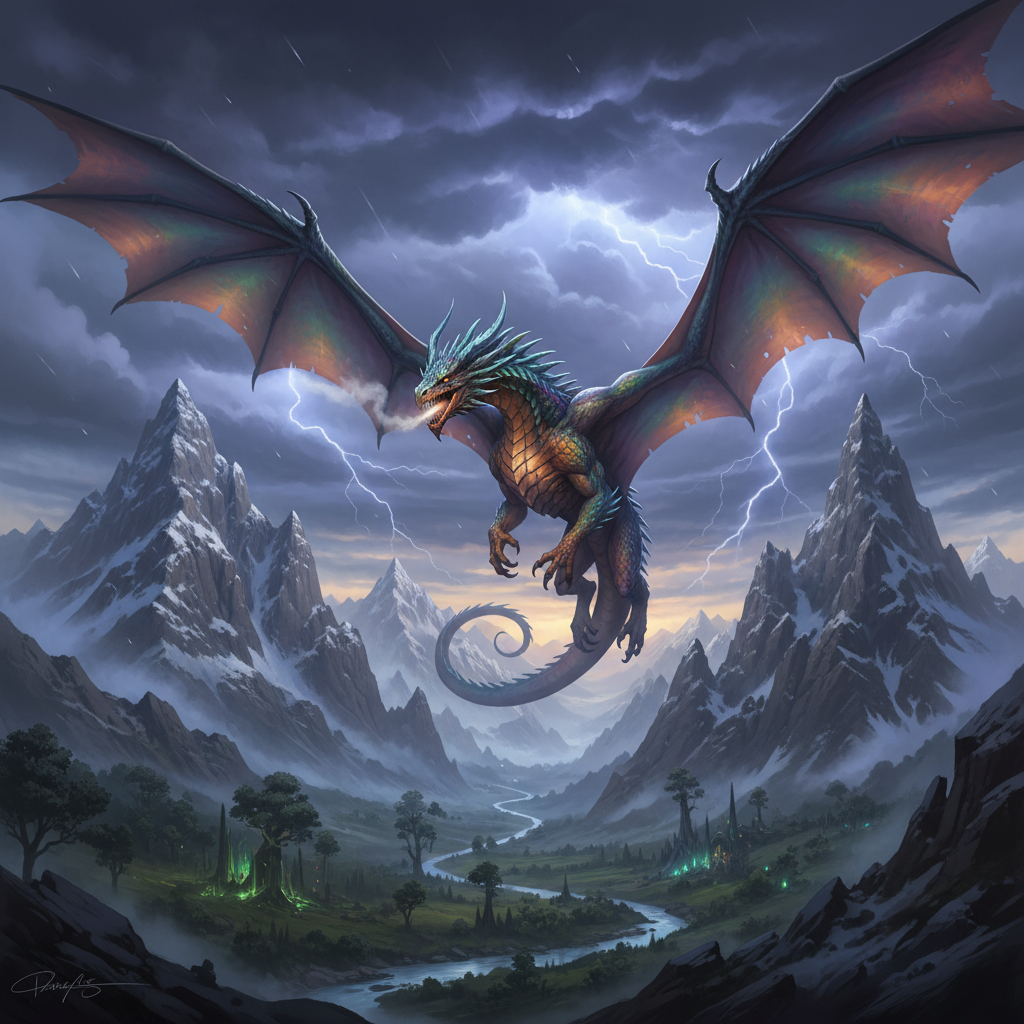 AI sketch to image result — a fantasy creature rough sketch transformed into a majestic iridescent dragon with epic mountain landscape and cinematic stormy lighting