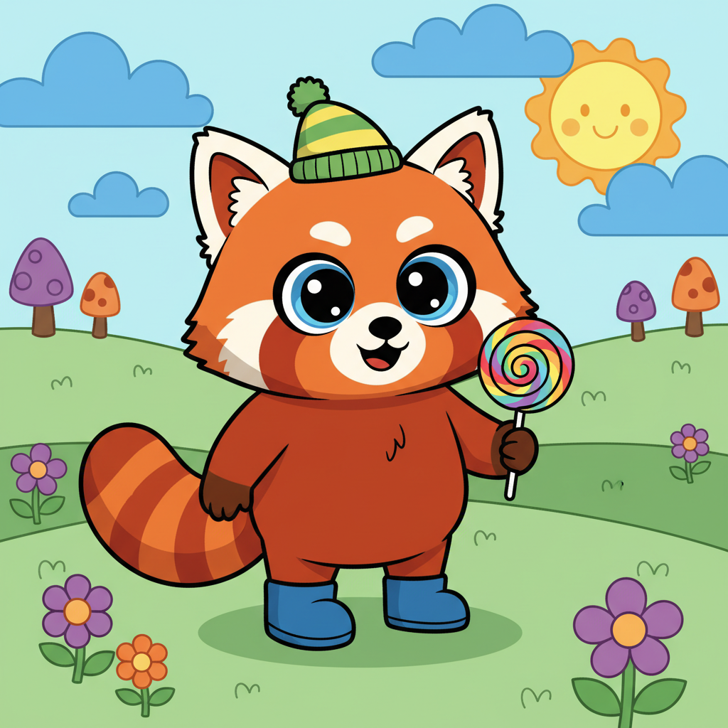 AI sketch to image result — a simple doodle converted into a cute cartoon character with big expressive eyes, vibrant flat colors, and playful childrens-book illustration style
