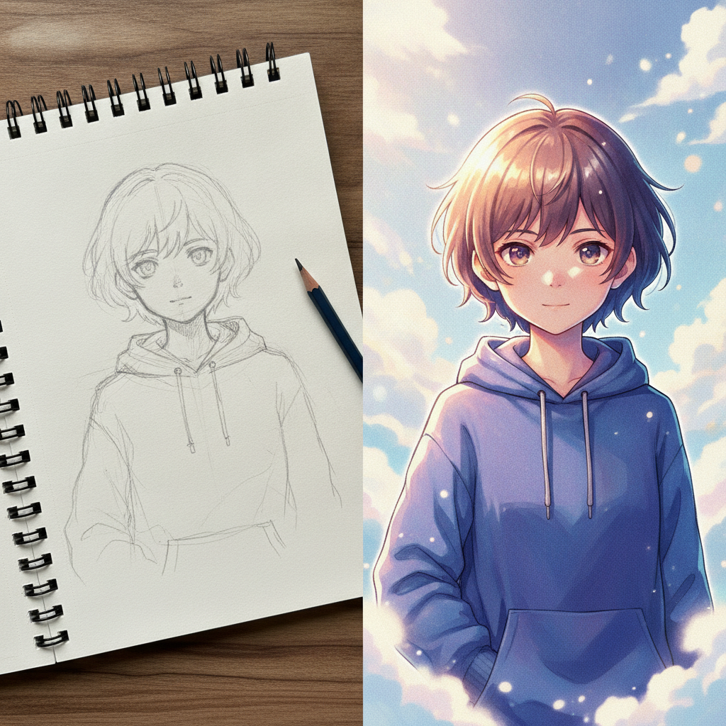 AI sketch to image example — a rough character line drawing turned into a polished cel-shaded anime illustration