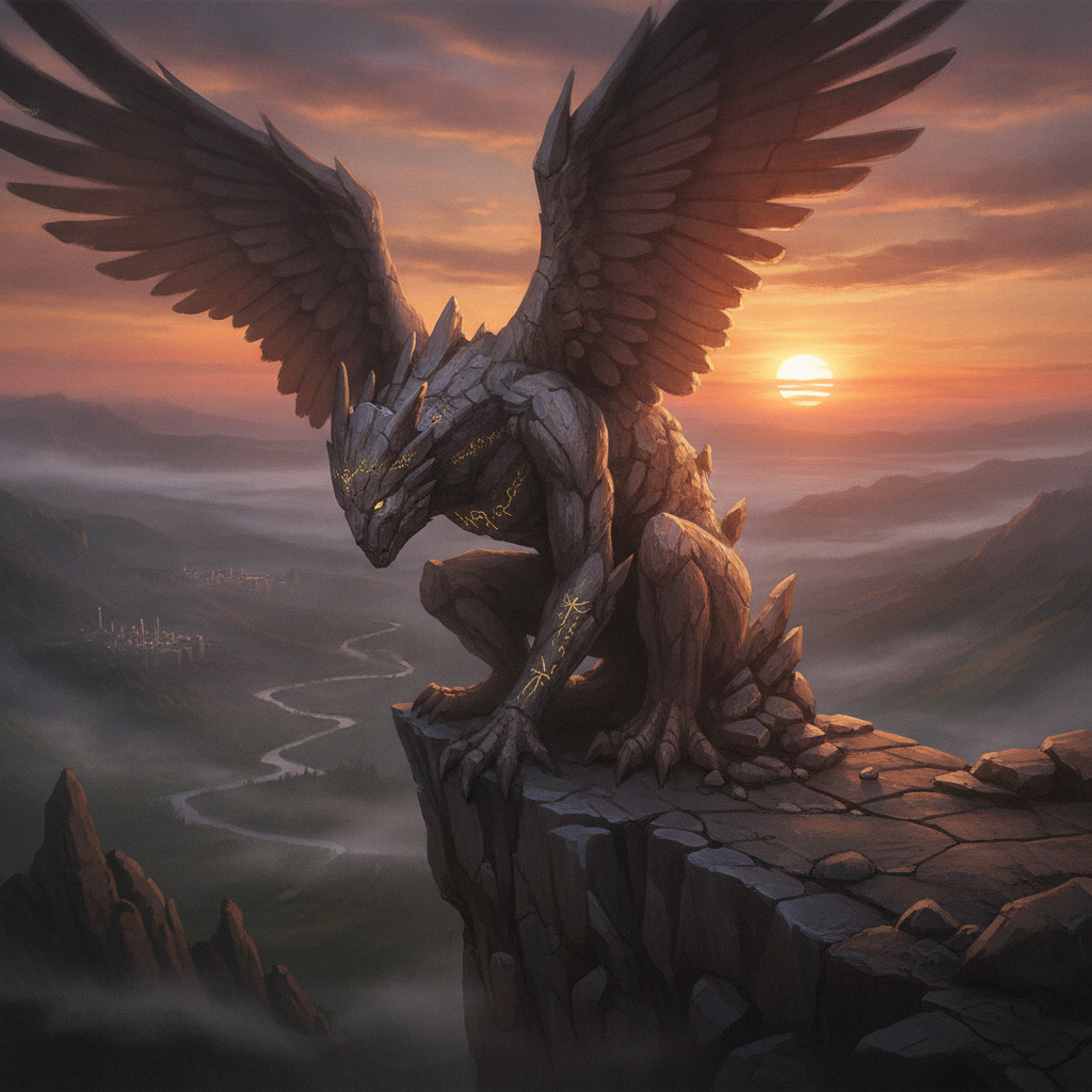 AI sketch to image example — a thumbnail sketch developed into painterly fantasy concept art of a winged stone guardian