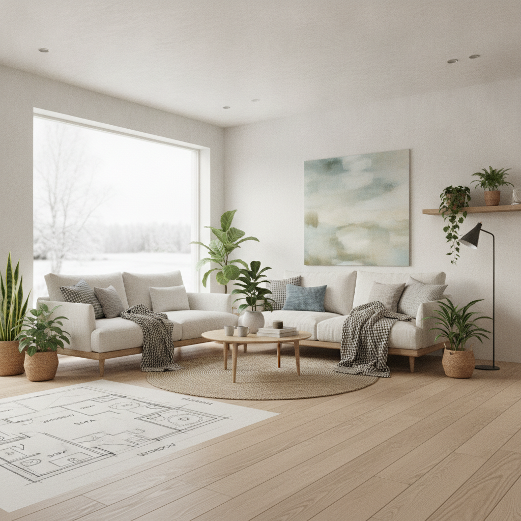AI sketch to image example — a hand drawn room plan turned into a photorealistic Scandinavian living room render