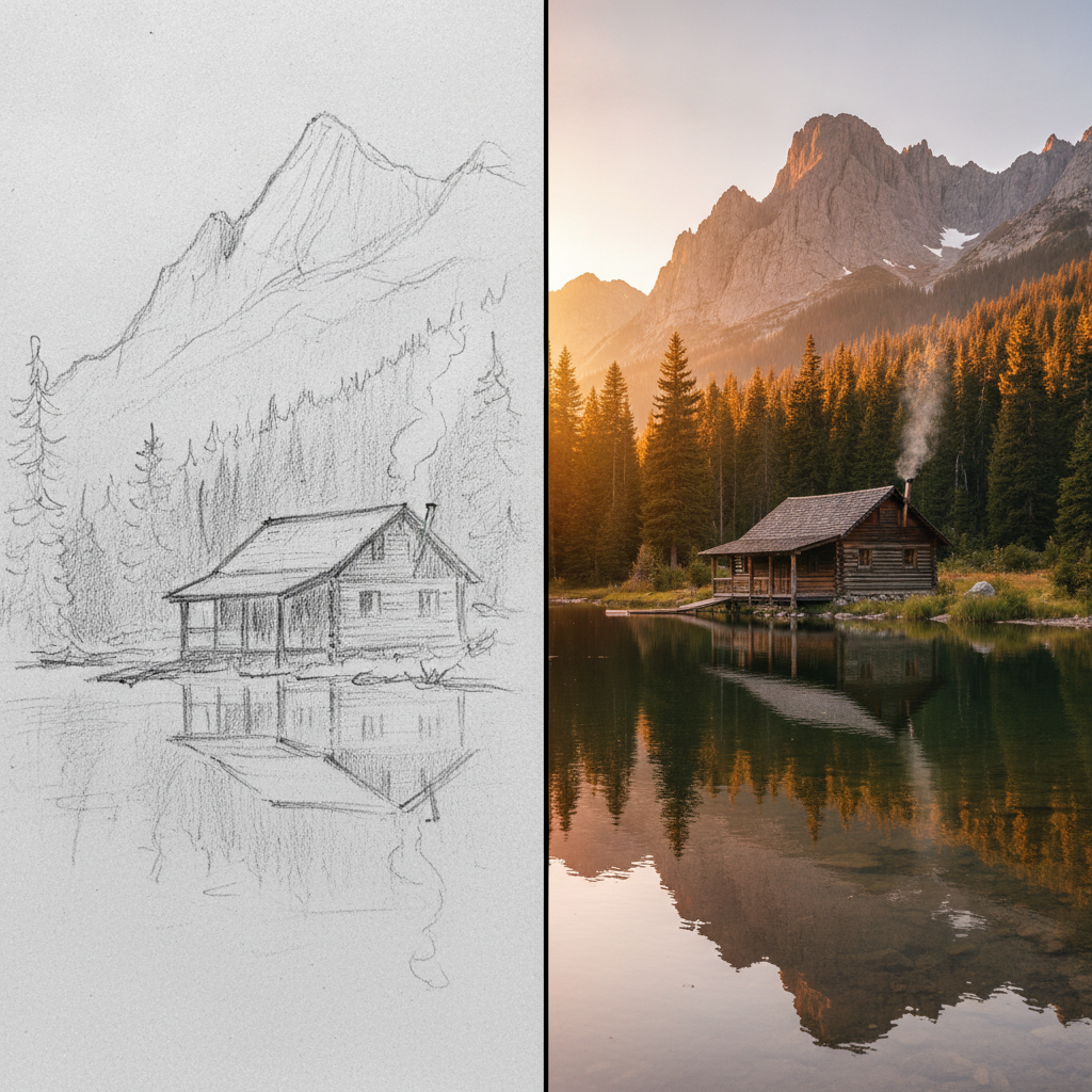 AI sketch to image example — a pencil sketch of a lakeside cabin turned into a photorealistic mountain scene