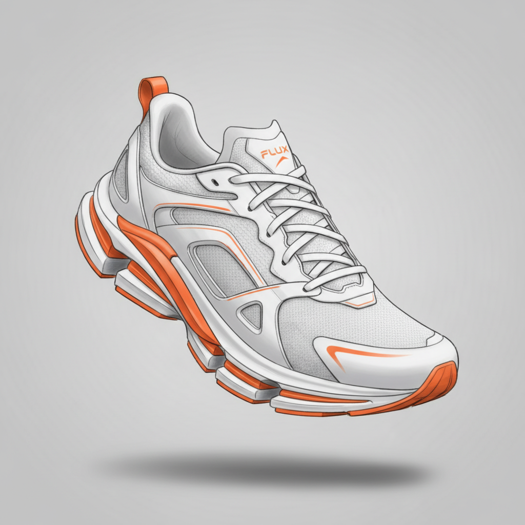 AI sketch to image example — a marker concept sketch of a sneaker turned into a clean studio product render