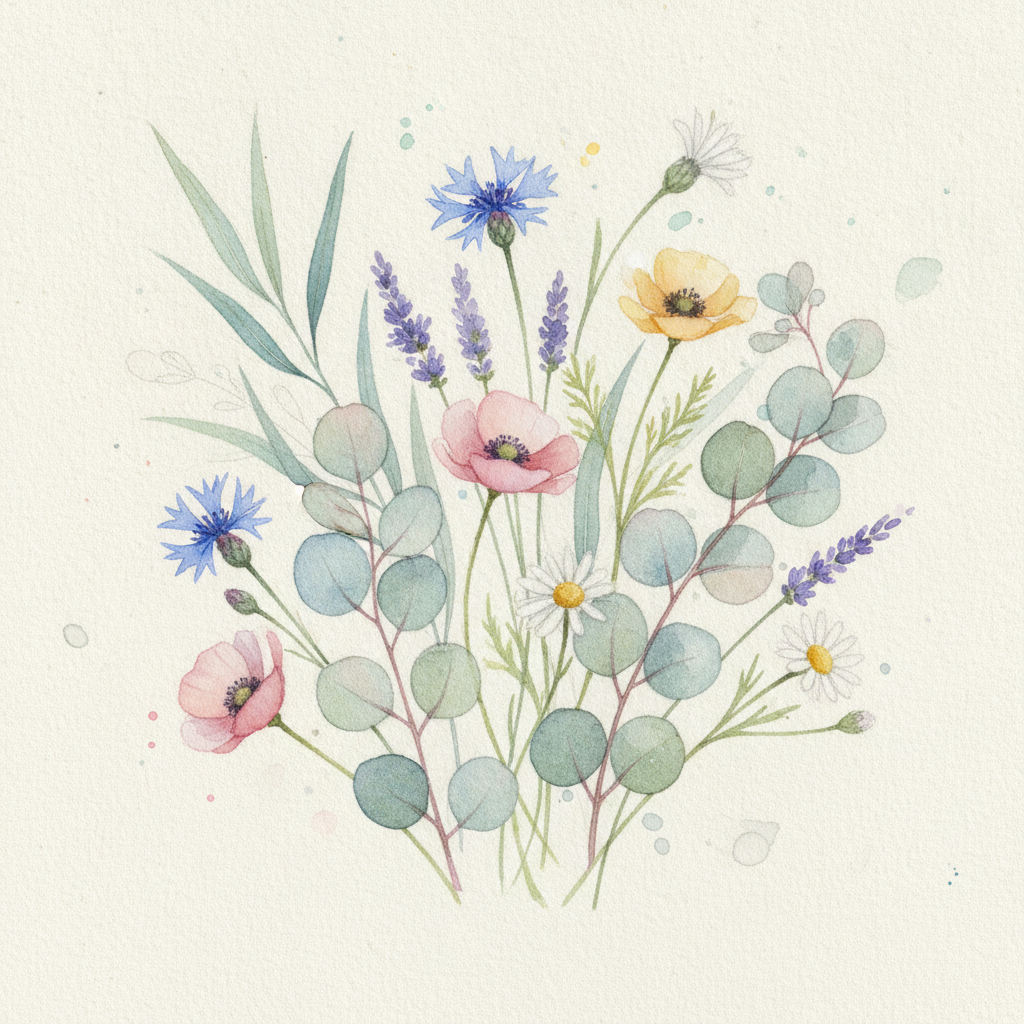 AI sketch to image example — a simple outline drawing of wildflowers turned into a soft botanical watercolour painting