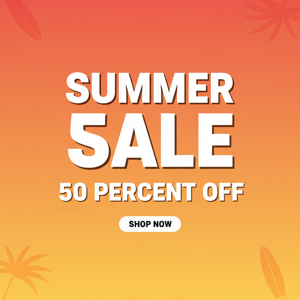 AI social media content creator output — vibrant Instagram feed post graphic with bold typography overlay reading SUMMER SALE 50 PERCENT OFF on a sunset coral and warm yellow gradient background