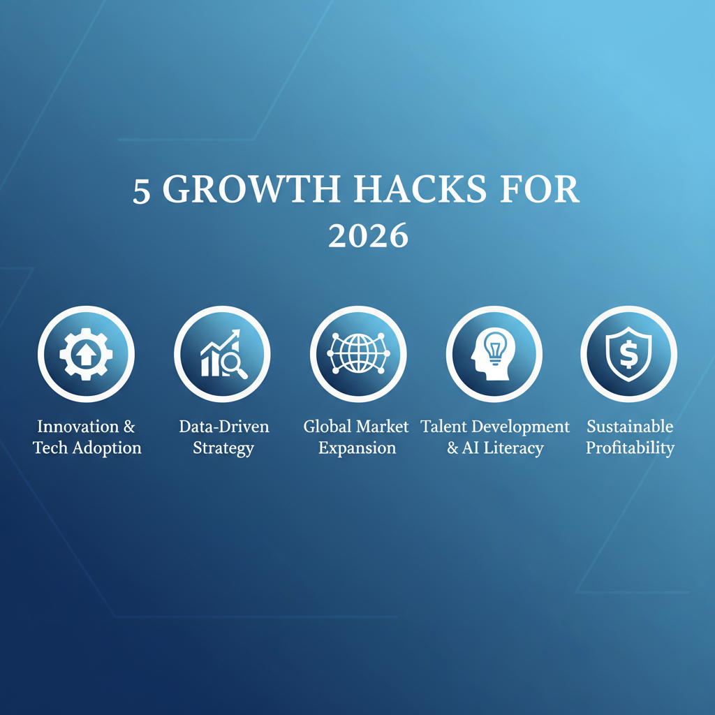 AI social media content creator output — professional LinkedIn carousel slide with corporate blue gradient and clean white serif headline reading 5 GROWTH HACKS FOR 2026 with modern data visualization icons