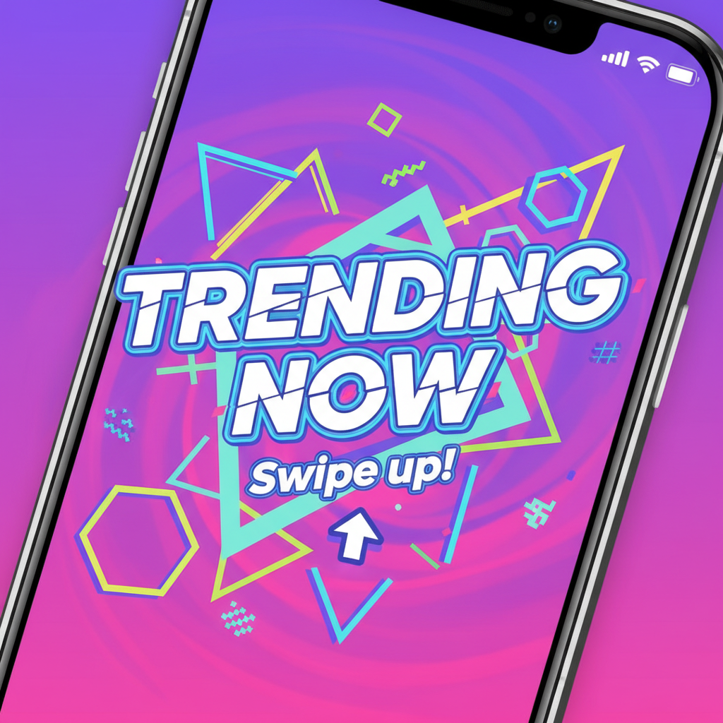 AI social media content creator output — eye-catching TikTok story background with neon purple and electric pink gradient and bold sans-serif text reading TRENDING NOW with dynamic geometric shapes